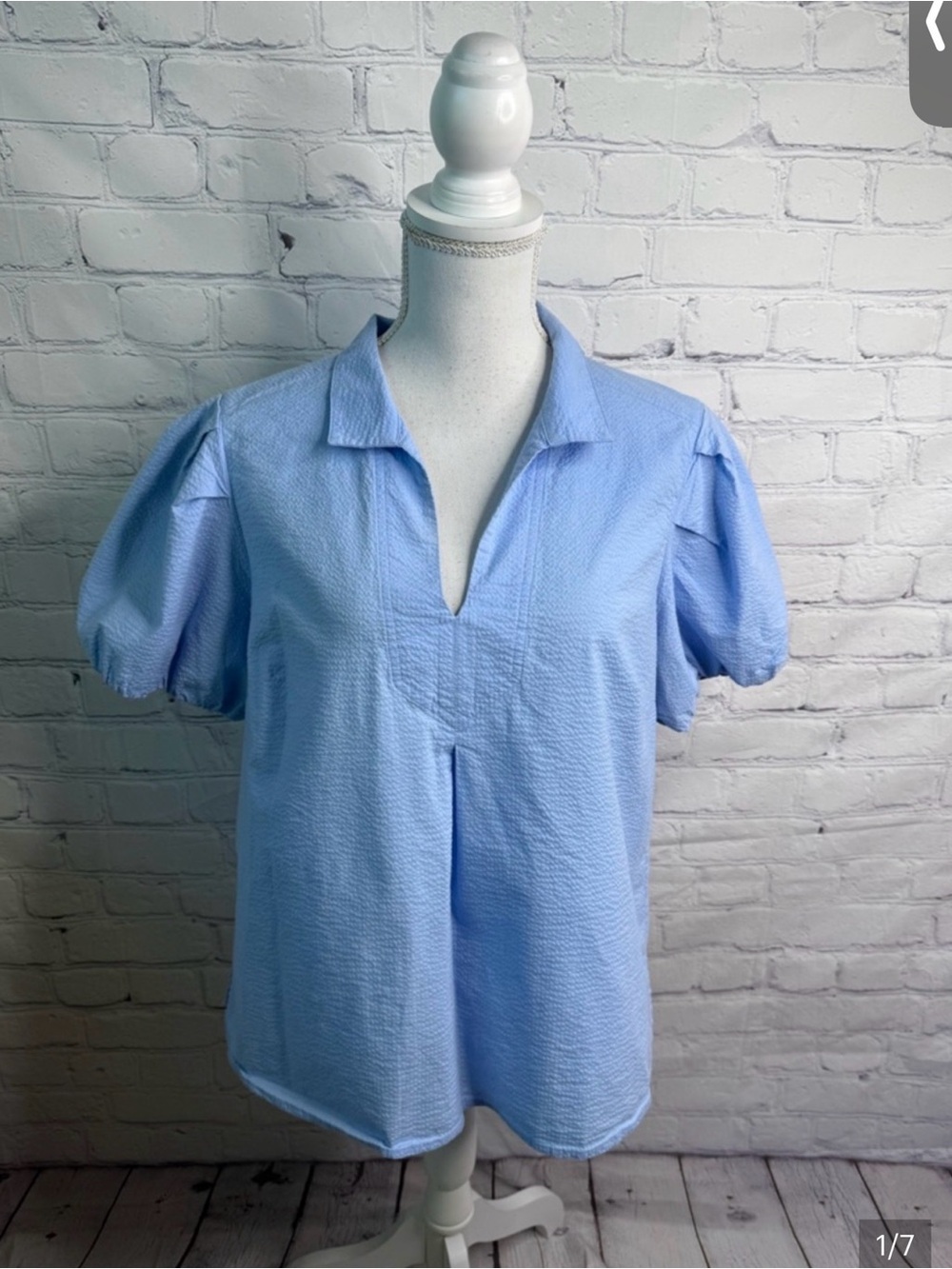 Tommy Bahama Sky Blue Puff Sleeve V-Neck Peplum Blouse